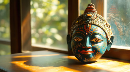 A vibrant Kathakali mask placed on a wooden table under a sunny window.の素材
