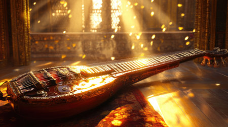 A traditional Indian musical instrument, like the sitar, in a sunlit room.の素材