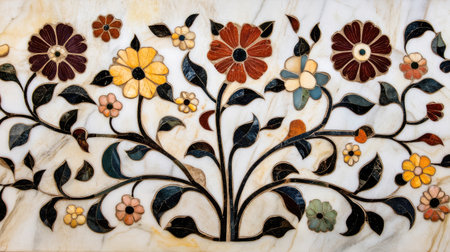 Sunlit marble inlay artwork from the Taj Mahal, emphasizing floral designs.の素材