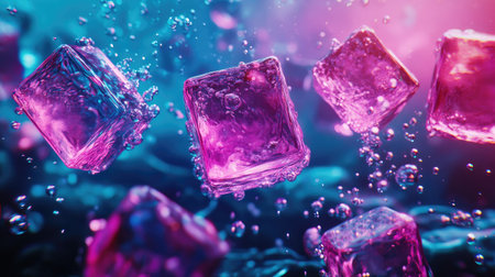 Bright ice cubes in neon hues, immersed underwater, releasing tiny bubbles in a mesmerizing, energetic underwater sceneの素材