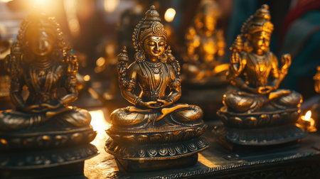 Sunlit brass idols of Indian deities placed on a traditional altar.の素材