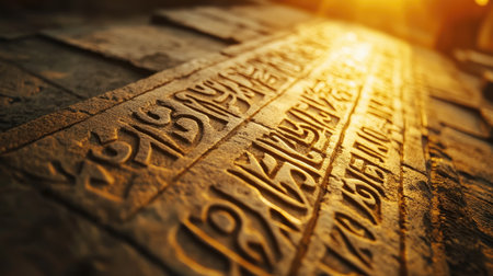 Sunlit close-up of an ancient Indian script carved into stone.の素材