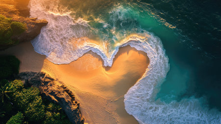 A tropical beach with a heart-shaped sand formation, created by ocean waves under the golden glow of sunsetの素材