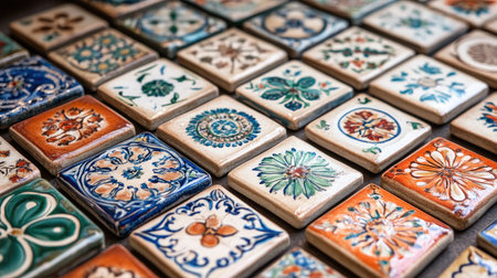 Hand-painted ceramic tiles featuring Indian motifs under sunlight.の素材