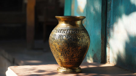 An Indian brass urn with intricate carvings displayed in sunlight.の素材