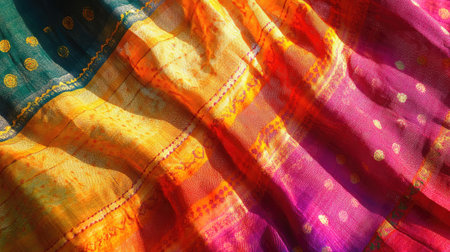 A vibrant Indian bandhani dupatta spread out under natural sunlight.の素材