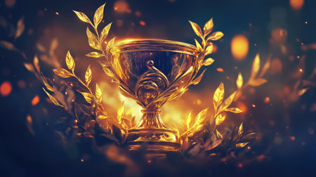 A trophy cup surrounded by glowing laurel leaves on a dark background, symbolizing ultimate achievement.の素材