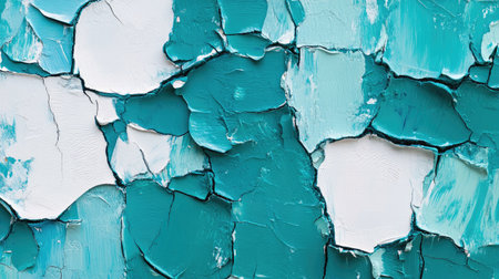 Abstract texture of cracked paint in shades of teal and white, with peeling layers revealing a weathered look.の素材