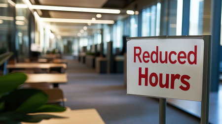 A "Reduced Hours" sign posted in a workplace, symbolizing economic instability and employment issues.の素材