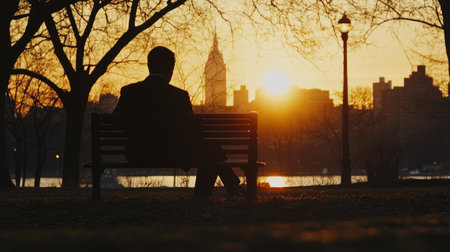 A silhouette of a businessman sitting on a park bench at sunset, reflecting on economic loss and uncertainty.の素材