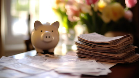 A stack of unpaid bills on a table next to an empty piggy bank, emphasizing financial problems.の素材