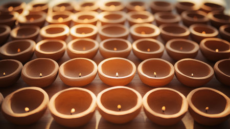 Handmade Indian clay diyas arranged in a sunlit pattern.の素材