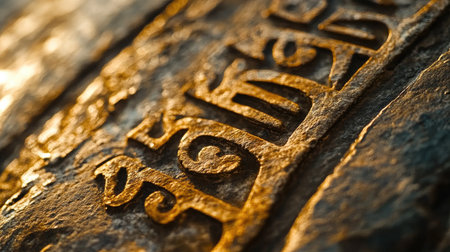 Sunlit close-up of an ancient Indian script carved into stone.の素材
