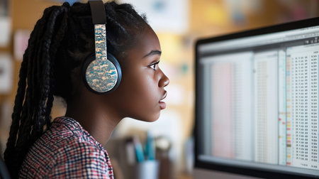 Close-up of a teen wearing headphones, nervously glancing at a spreadsheet on a computer monitor, sitting in a cozy workspaceの素材