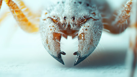 A focused view of an ants mandibles and tiny legs, isolated on a plain white surface with soft lighting.の素材