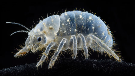 Artistic macro of a dust mite in a natural habitat, captured on a magnified fabric surface under detailed lighting.の素材