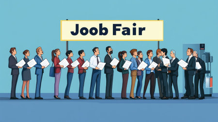 A line of unemployed people holding resumes in front of a "Job Fair" banner, representing labor market struggles.の素材