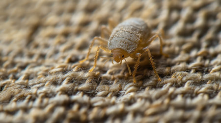 Macro shot of a single dust mite crawling on a textured fabric surface, with intricate body details visible.の素材