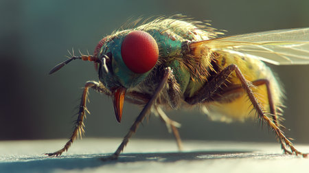 Close-up of a fly perched on a smooth surface, highlighting its segmented body and fine hairs in sharp detail.の素材