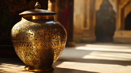 An Indian brass urn with intricate carvings displayed in sunlight.の素材