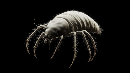 High-resolution image of a dust mite, emphasizing its segmented body and fine hair-like structures on a neutral backdrop.の素材