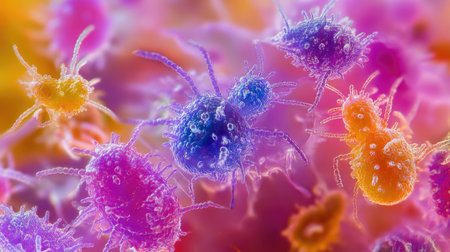 Extreme close-up of multiple dust mites, focusing on their intricate features, on a magnified fabric environment.の素材