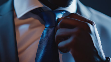 Close-up of a businessman hand adjusting a navy-blue tie against a crisp white shirt, symbolizing confidence and professionalism.の素材