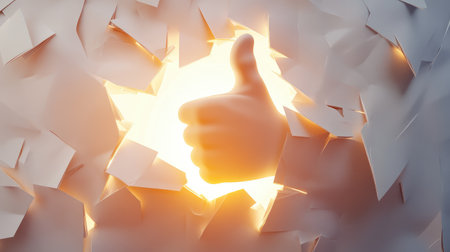 A close-up of a thumbs-up gesture piercing through a light-colored paper wall, surrounded by sharp edges and bright backlight.の素材