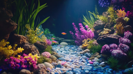 A beautifully decorated aquarium with vibrant coral reefs, colorful pebbles, and lush aquatic plants, lit by soft LED lights.の素材