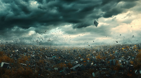 A chaotic mass of electronic debris in a wide field, framed by a cloudy and stormy sky, symbolizing environmental challenges. No people.の素材