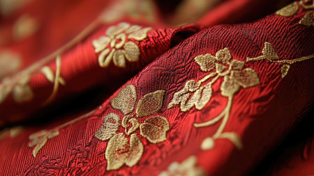 A close-up of a luxurious red tie with intricate floral patterns, emphasizing its fine craftsmanship and rich fabric.の素材