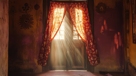 Sunlight streaming through a traditional Indian toran on a doorway.の素材