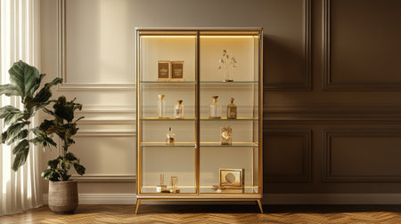 A stylish empty glass cabinet with four clear shelves, perfect for displaying collectibles or decor.の素材