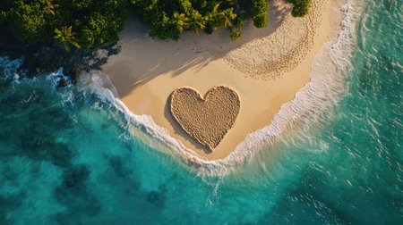 A heart in the sand, shaped by the ebb and flow of ocean waves on a peaceful tropical beach, surrounded by natural beauty. No people.の素材
