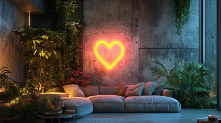 Contemporary living space with a glowing heart-shaped neon light, vibrant greenery, and a sophisticated wall designの素材