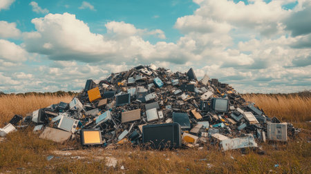 A massive pile of electronic waste in an open field under a cloudy sky, showcasing discarded devices and environmental impact. No people.の素材