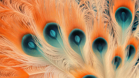 Close-up view of orange and blue feathers in perfect alignment, with sharp focus on their delicate fibers.の素材