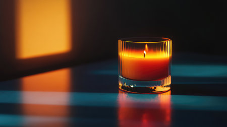 Warm glow of an orange candle captured through its glass holder, with soft shadows melting into a dark backdrop.の素材