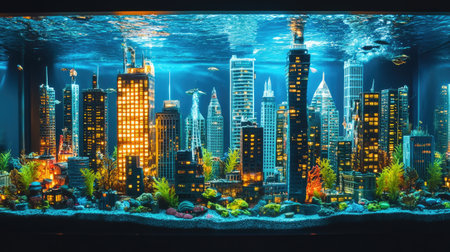 A themed aquarium featuring an underwater cityscape with miniature skyscrapers and glowing effects.の素材