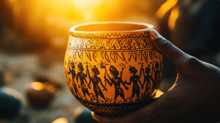 Intricate Warli art on a clay pot, illuminated by golden sunlight.の素材