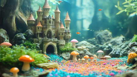 A whimsical aquarium with a fairy tale theme, including mini castles, mushrooms, and colorful gravel.の素材