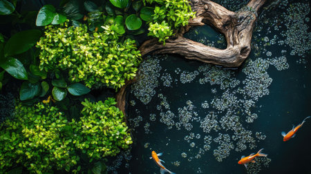 Top view of a planted aquarium with dense green foliage, colorful fish, and natural driftwood formations.の素材