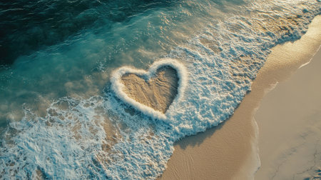 A stunning heart pattern carved into sandy shores by the ocean, with soft foam gently framing the shape under the tropical sun. No people.の素材