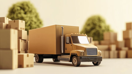 A 3D brown delivery truck next to stacked boxes on a light beige background, symbolizing efficient transportation services.の素材