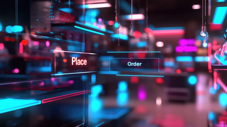 Creative 3D image of a virtual storefront with glowing product displays and a "Place Order" button floating in the foreground.の素材
