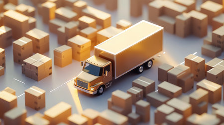 A 3D-rendered brown delivery truck driving through a path of boxes on a bright light-colored background, symbolizing logistics flow.の素材