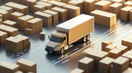 A 3D-rendered brown delivery truck driving through a path of boxes on a bright light-colored background, symbolizing logistics flow.の素材