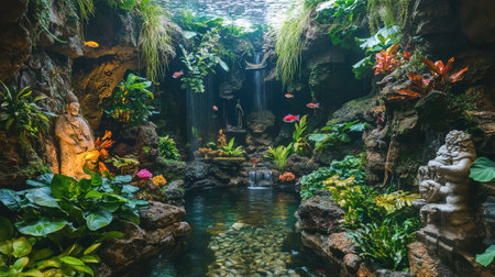 An aquarium featuring a vibrant underwater forest theme with lush green plants and small decorative statues.の素材