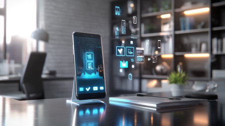 Futuristic 3D design of a smartphone with holographic icons for online ordering floating around it, placed on a sleek desk.の素材