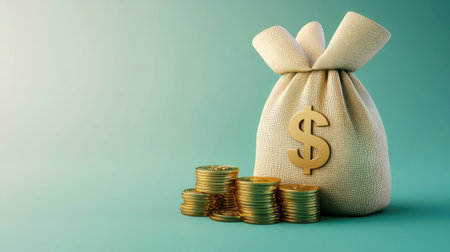 A stack of 3D gold coins next to a money bag with a dollar sign, set against a gradient green background.の素材
